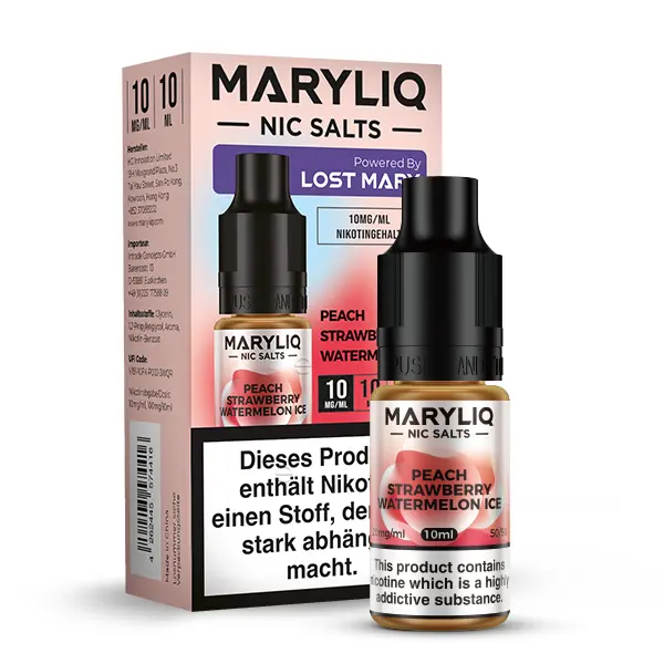 Elfbar Maryliq Peach Strawberry Watermelon Ice 10ml Nikotinsalz-Liquid, Flasche mit Schachtel, 10mg Nikotin