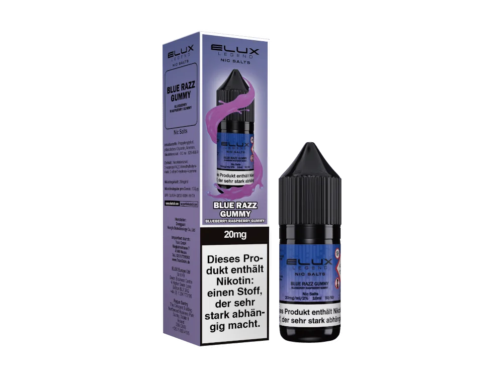 ELUX_10ml_Salt_Blue_Razz_Gummy_20mg_1000x750.png Elux Blue Razz Gummy 10ml Nikotinsalz-Liquid, lila Verpackung mit zwei Flaschen à 20mg