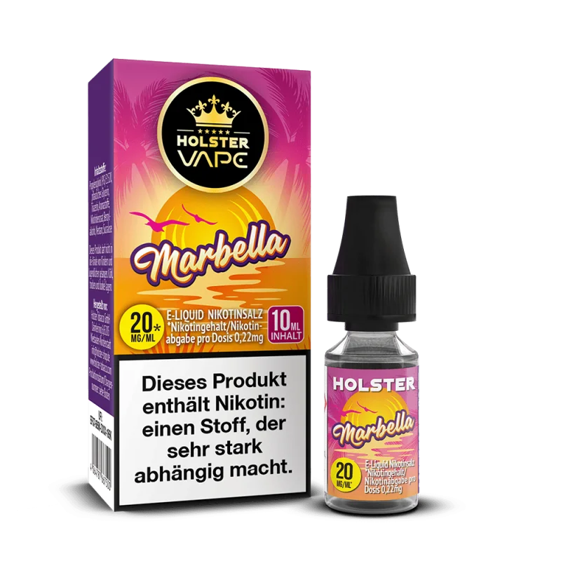 Holster Marbella 10ml Nikotinsalz-Liquid – pinke Verpackung mit Sonnenuntergang-Motiv, 20 mg/ml