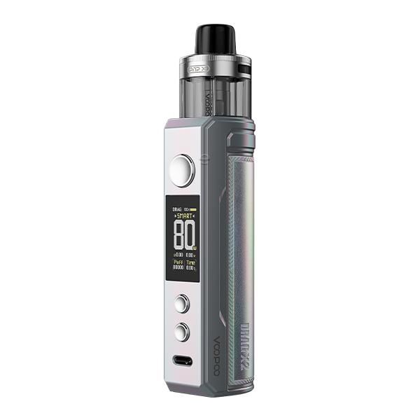 VooPoo Drag X2 Pod Kit E-Zigarette in Silber-Grau mit Display und aufgestecktem Tank, Vorderansicht