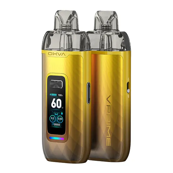oxva-vprime-pod-kit-13.jpg Oxva VPrime Pod Kit in Gold mit Farbverlauf, Vorder- und Seitenansicht mit Farbdisplay und Pod