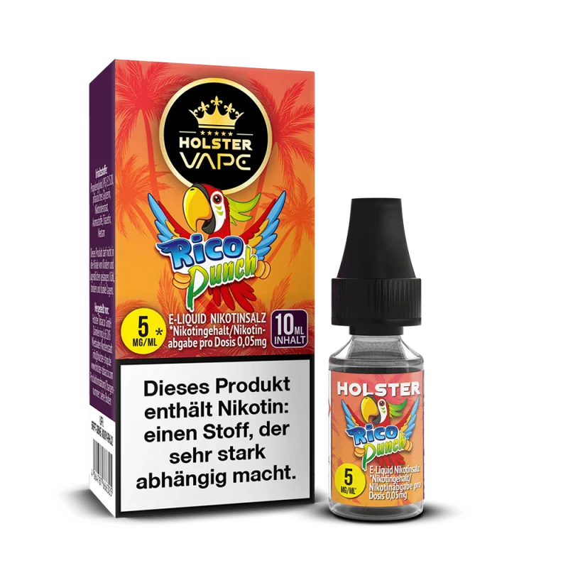 Holster Vape Rico Punch 10ml Nikotinsalz-Liquid in orange-roter Verpackung mit Flasche, 5mg