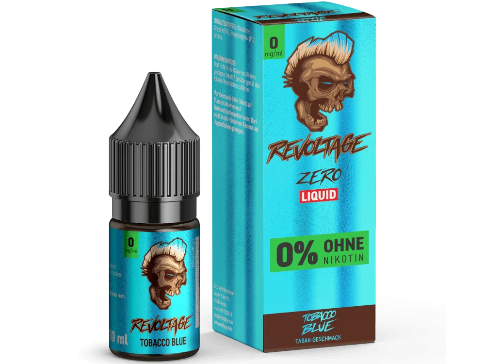Revoltage Zero Tobacco Blue 10ml Hybrid-Nikotinsalz-Liquid in türkis-blauer Flasche mit Verpackung, 0% ohne Nikotin