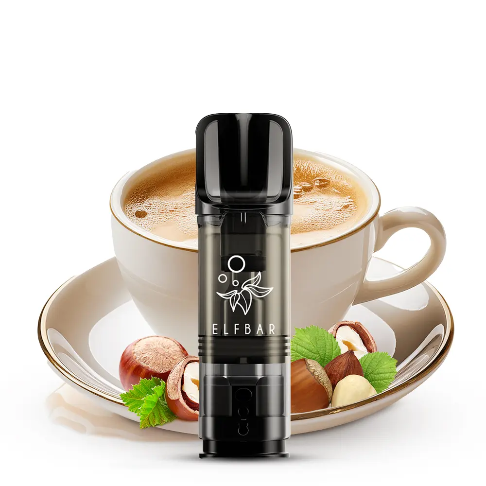 Elfbar Elfa Prefilled Pod Hazelnut Coffee – schwarzer Pod vor Kaffeetasse und Haselnüssen