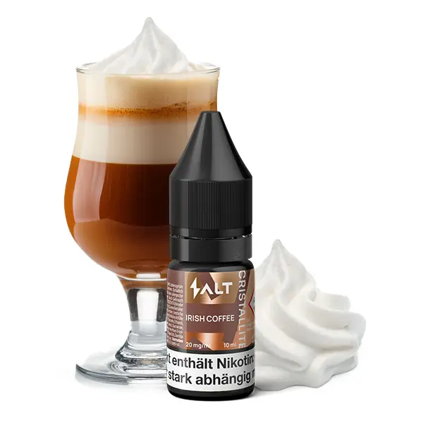 salt-cristallite-irish-coffee-nikotinsalz-1.jpg 10ml-Flasche vor Irish Coffee mit Sahnehaube – SALT Cristallite Irish Coffee Nikotinsalz-Liquid