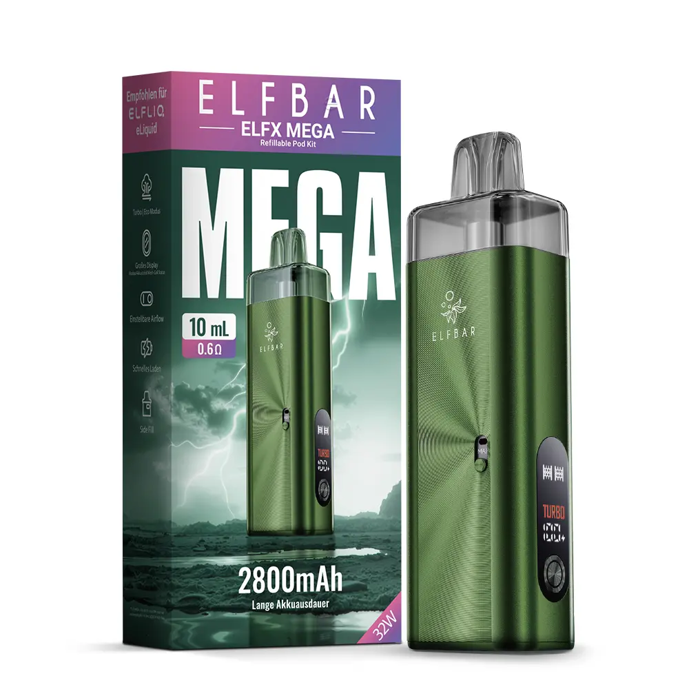 Elfbar ELFX Mega Kit Grün mit Verpackungskarton, 2800 mAh Akkuträger und Pod-System