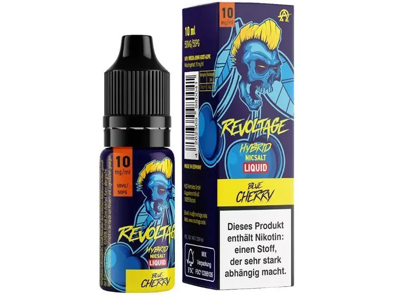 Revoltage Blue Cherry Hybrid-Nikotinsalz-Liquid 10ml – Flasche neben blauer Box, leicht seitliche Ansicht