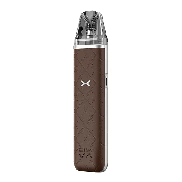Oxva Xlim Go Pod Kit in Braun mit rautenförmigem Textilmuster und transparentem Pod