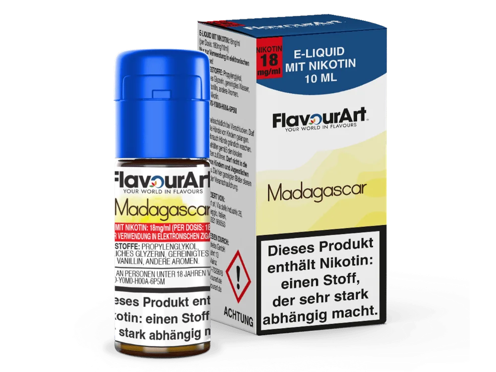 FlavourArt_Liquid_Madagascar_18_mg_Flasche_Packung_1000x750.png FlavourArt Madagascar 10ml Liquid – braun-goldene Flasche mit Schachtel, Tabak-Aroma