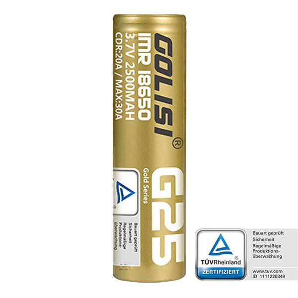Golisi G25 18650 Akku 20A 2500mAh in goldener Hülle, Einzelansicht mit TÜV-Rheinland-Zertifizierung