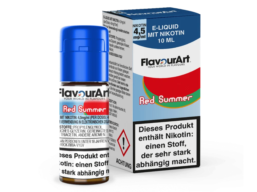 Flavourart Red Summer 10ml Liquid 4,5mg/ml – Schachtel und Flasche mit rot-grünem Wassermelonen-Design