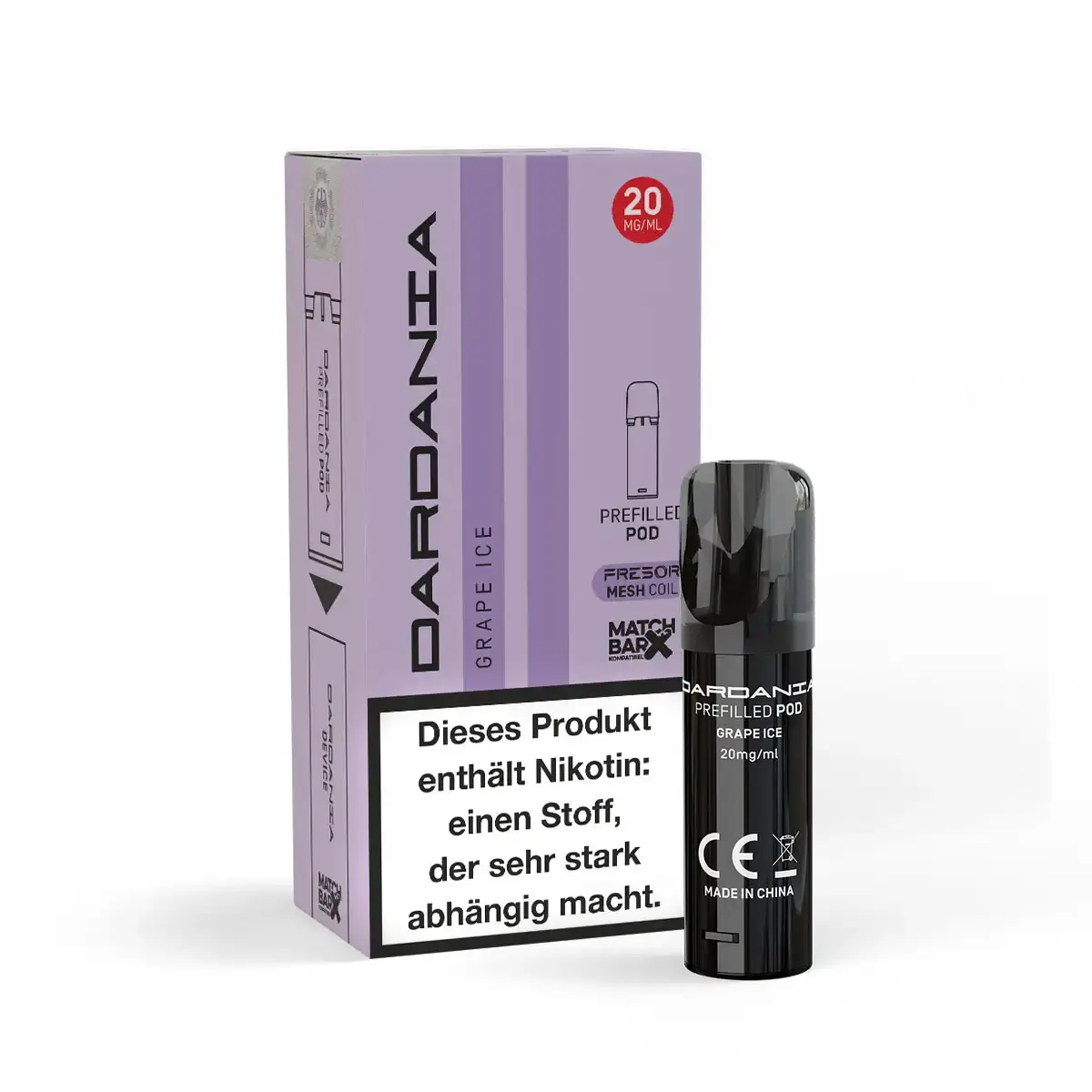 Dardania Prefilled Pod Grape Ice – lila Verpackung mit schwarzem Pod, 20 mg