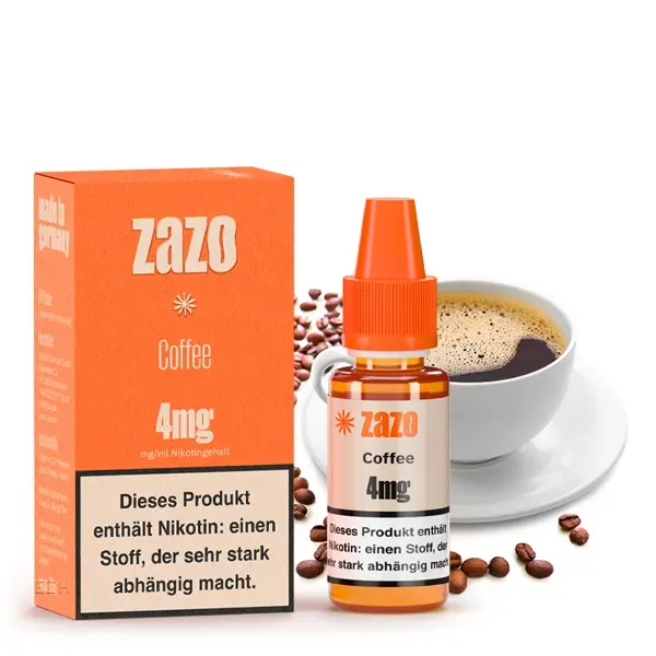 ZAZO Classics Coffee 10ml Liquid 4mg, orangefarbene Verpackung mit Flasche, Kaffeetasse und Kaffeebohnen