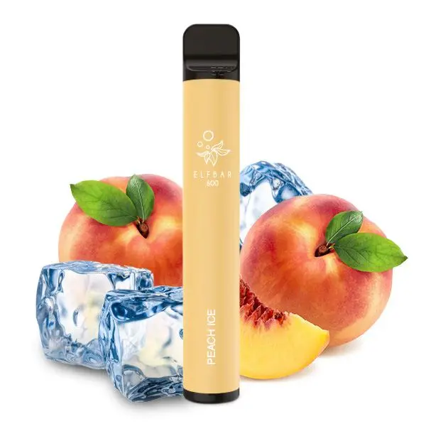Elfbar 600 Einweg E-Zigarette Peach Ice – cremefarbenes Gerät mit Pfirsich und Eiswürfeln
