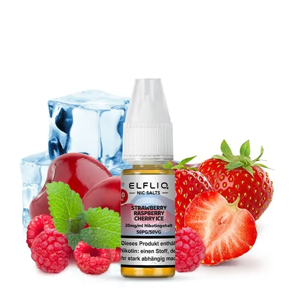 Elfbar Elfliq Strawberry Raspberry Cherry Ice 10ml Liquid, Flasche mit Erdbeeren, Himbeeren und Eiswürfeln