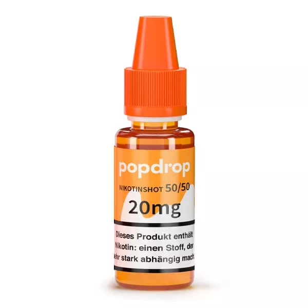 Popdrop Nikotinshot 50/50 20mg/ml – orangefarbene 10ml Flasche mit Tropfer und orangem Etikett