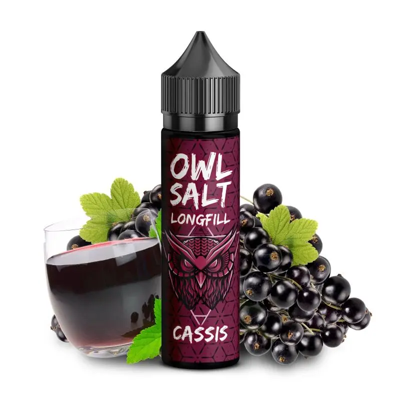 OWL Salt Cassis Longfill 10ml Flasche mit schwarzen Johannisbeeren und Saftglas