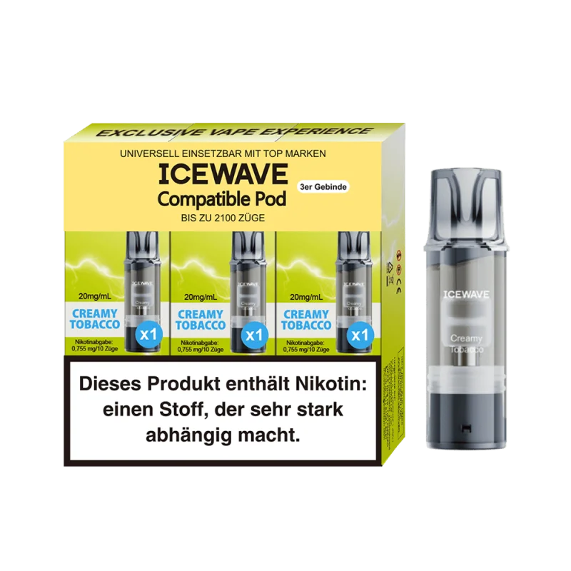 3 cremefarbene Icewave Prefilled Pods auf gelbem Hintergrund – Creamy Tobacco