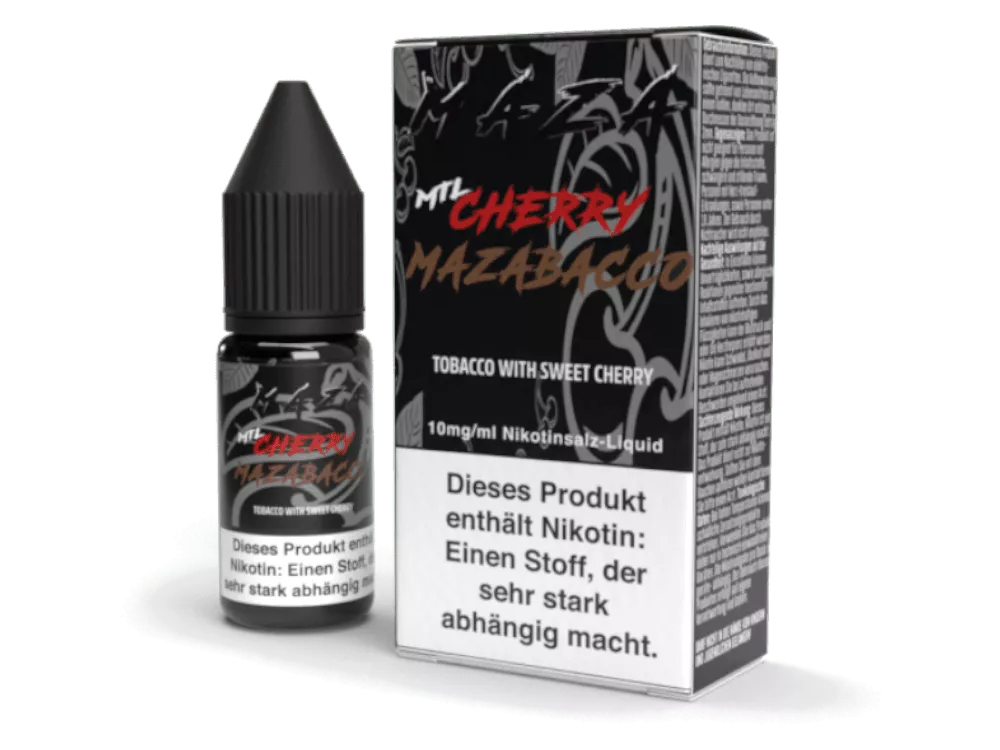 MaZa MTL Cherry Mazabacco Nikotinsalz-Liquid – 10ml Flasche mit dunklem Tabak-Kirsch-Design und Verpackung