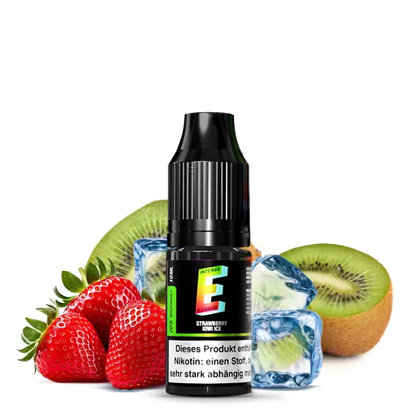 E-Intense Strawberry Kiwi Ice 10ml Nikotinsalz-Liquid – schwarze Flasche vor Erdbeeren, Kiwi und Eiswürfeln