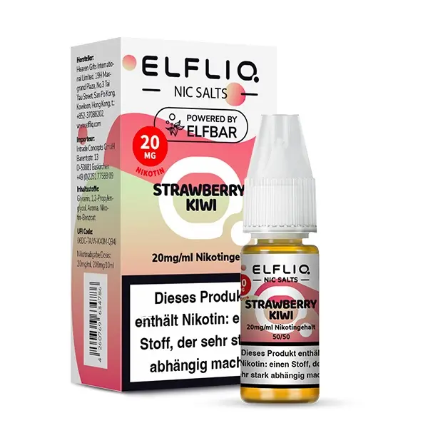 Elfbar Elfliq Strawberry Kiwi 10ml Nikotinsalz-Liquid Flasche mit 20mg Nikotin, Verpackungskarton sichtbar
