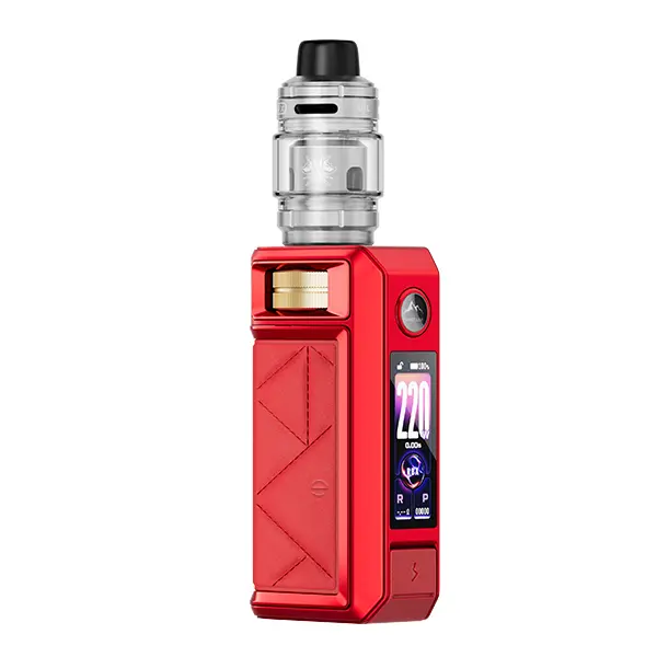 voopoo-drag-6-6.jpg VooPoo Drag 6 Kit in Rot mit aufgesetztem Tank, Frontansicht mit farbigem Display