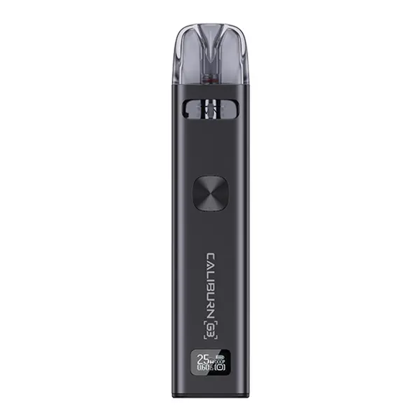 source43633.jpg Uwell Caliburn G3 Pod Kit E-Zigarette in Schwarz, schlanker Akkuträger mit aufgestecktem Pod, Vorderansicht
