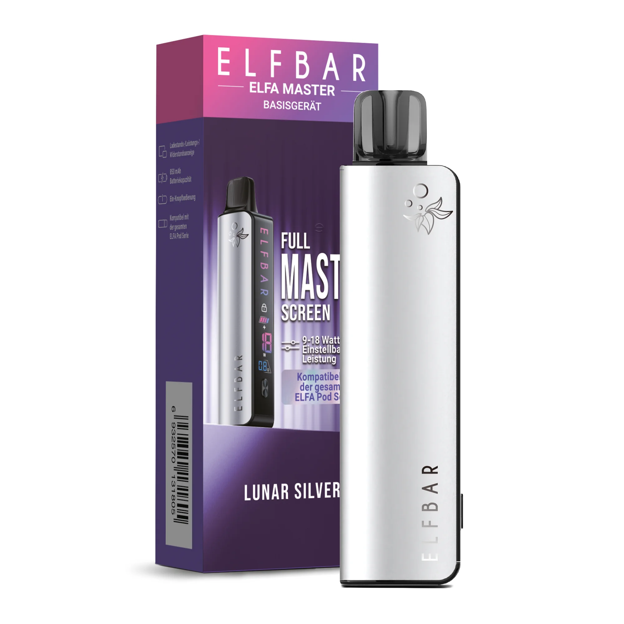 lunar-silver-2iwcHpBuMGUT5g.png Elfbar Elfa Master Basisgerät in Lunar Silver – silbernes Gerät mit lila-silberner Verpackung