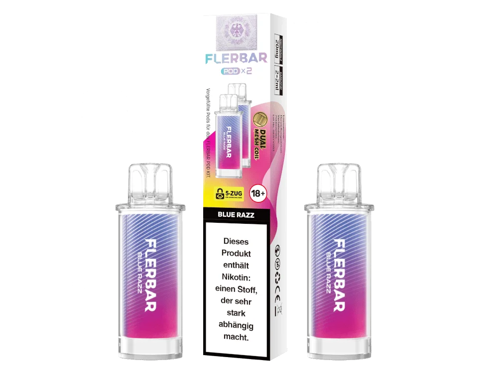 Flerbar Prefilled Pod Blue Razz – Verpackung und zwei blau-rosa Pods im Doppelpack