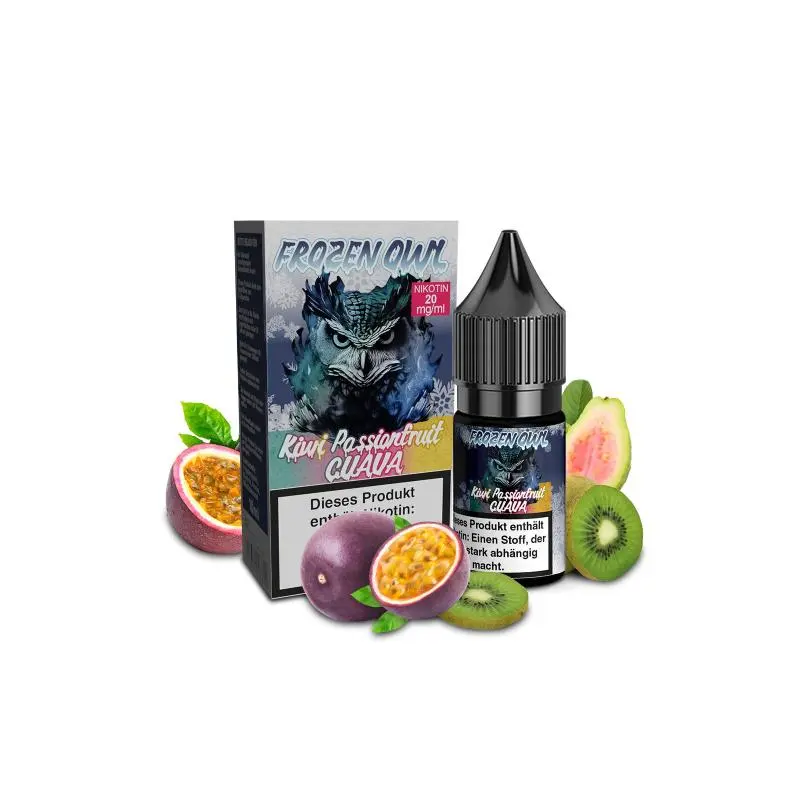 Frozen OWL Kiwi Passionfruit Guava 10ml Nikotinsalz-Liquid Set aus Flasche und Schachtel mit Früchten