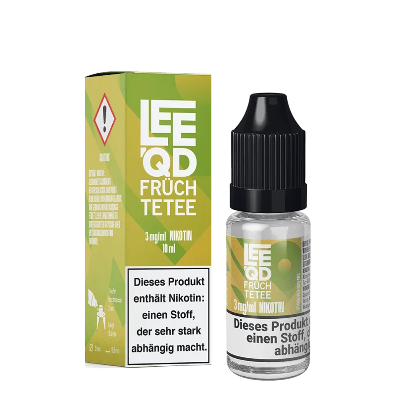 LEEQD Crazy Früchtetee 10ml eLiquid – 10ml Flasche mit Warnhinweis neben grüner Produktverpackung