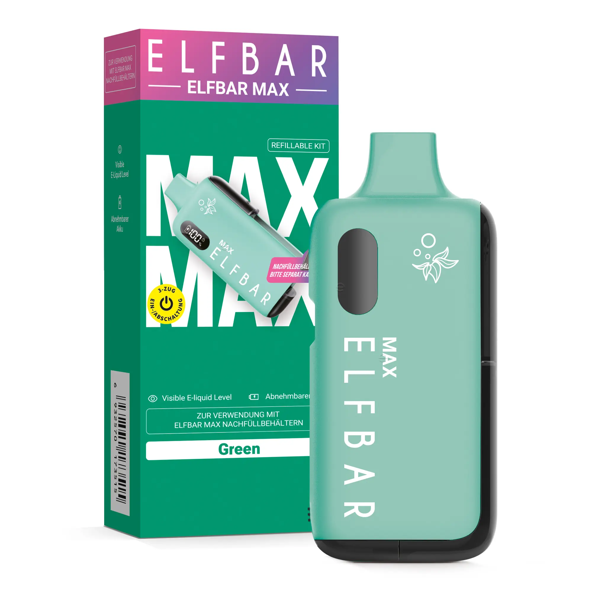 Elfbar Max Kit in Grün mit passender Verpackungsbox, Komplett-Set E-Zigarette ohne Nachfüllbehälter