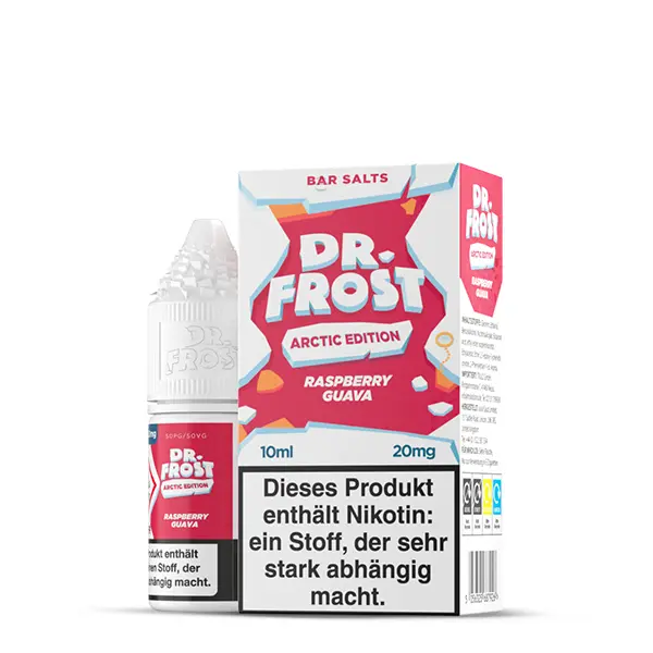 Dr. Frost Arctic Edition Raspberry Guava 10ml Nikotinsalz-Liquid – Flasche mit roter Verpackung, Nahansicht
