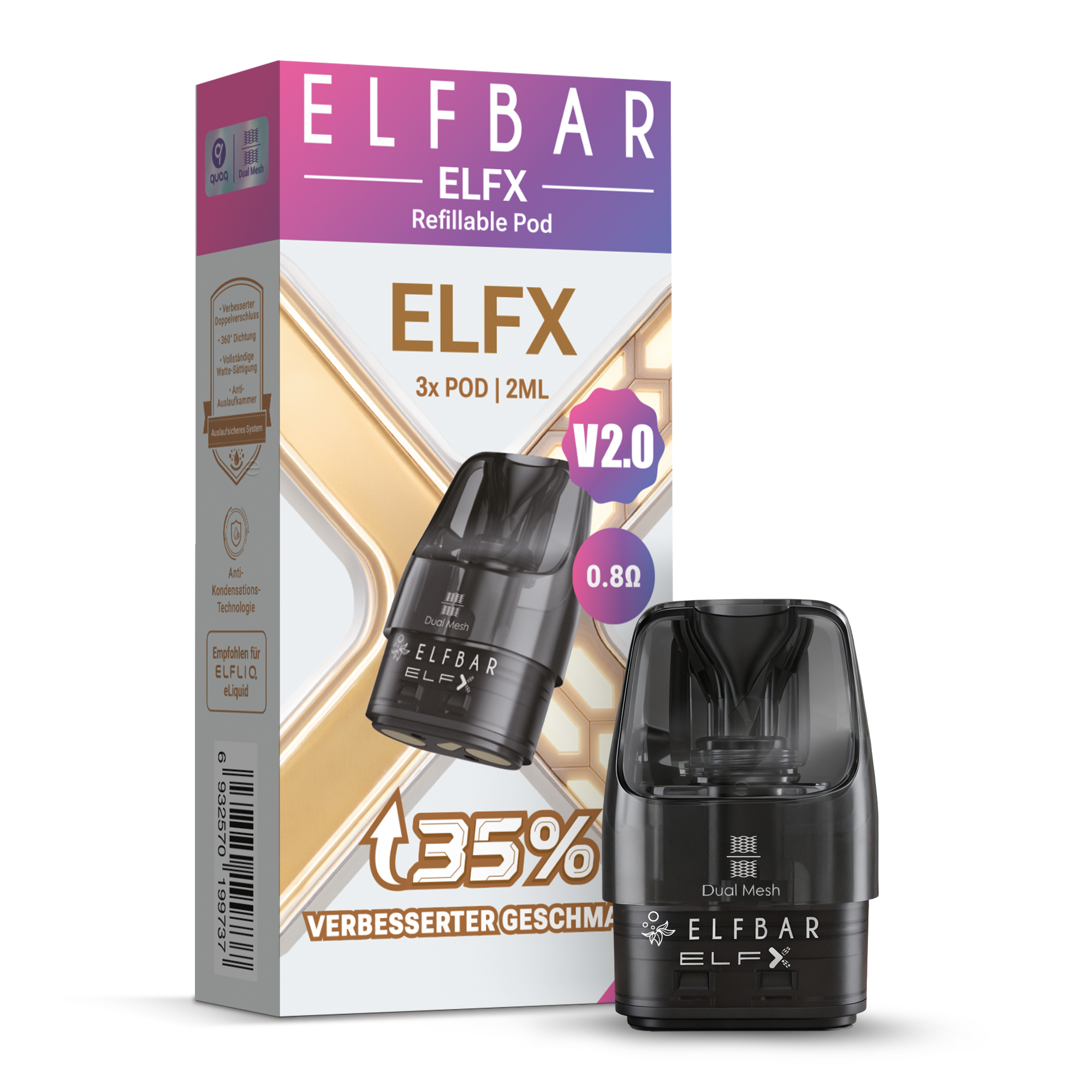 Elfbar ELFX V2.0 Refillable Pod 3er-Pack Verpackung mit zwei schwarzen Pods davor
