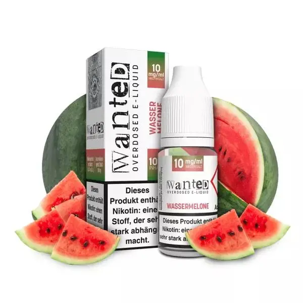 source845532.png Wanted Wassermelone 10mg Nikotinsalz-Liquid – Flasche mit Verpackungsbox und Wassermelonen-Motiv