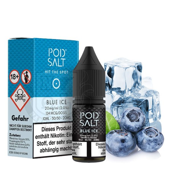 PodSalt Blue Ice Nikotinsalz-Liquid 10ml – Flasche und Verpackung mit Blaubeeren und Eiswürfeln