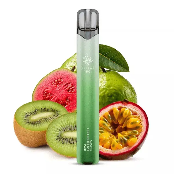 ELFB110_600x600.png Elfbar 800 Einweg E-Zigarette in Grün mit Kiwi und Passionsfrucht im Hintergrund, 20 mg/ml