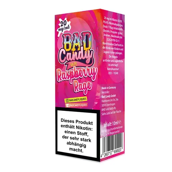 bad-candy-raspberry-rage-nikotinsalz-liquid-10ml-2 Bad Candy Raspberry Rage 10ml Nikotinsalz-Liquid in pinkfarbener Flasche mit Himbeer-Design