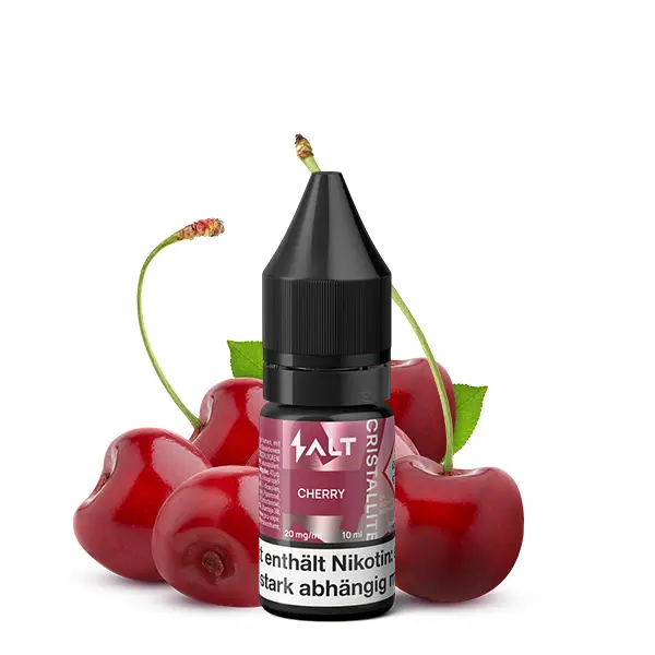SALT Cristallite Cherry 10ml Nikotinsalz-Liquid Flasche mit roten Kirschen auf rotem Hintergrund