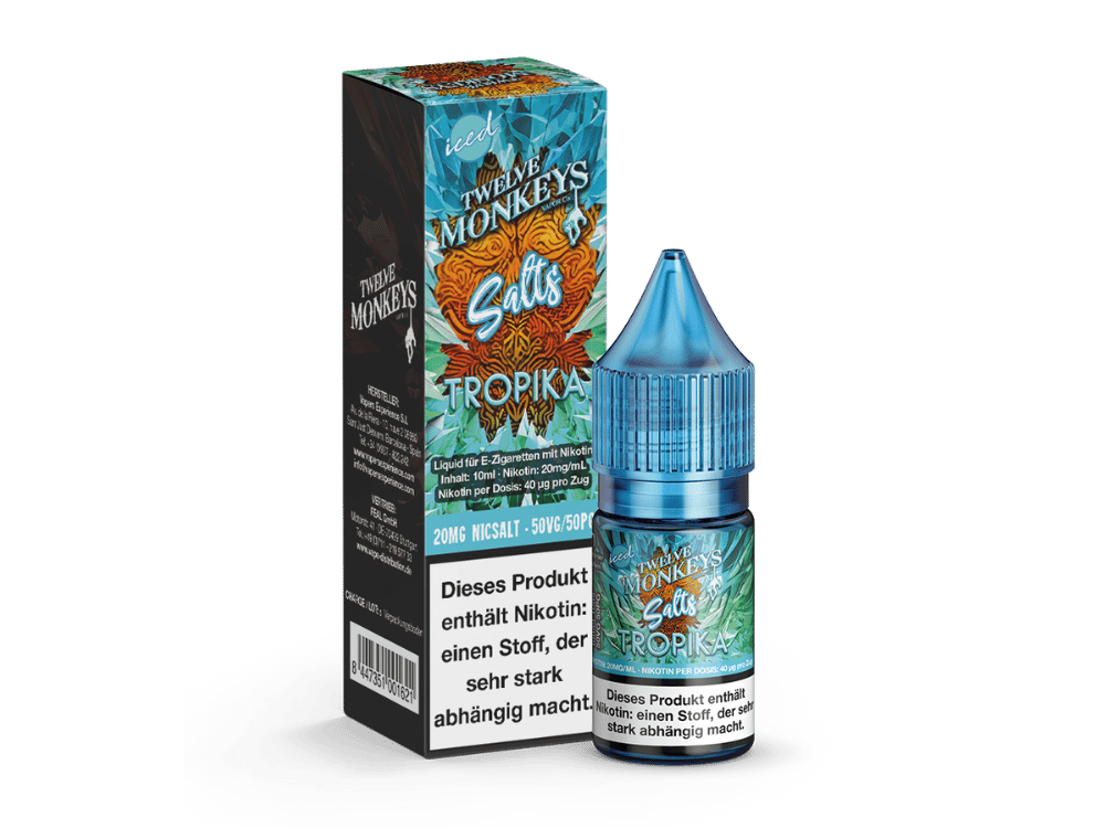 Twelve Monkeys Iced Tropika 10ml Nikotinsalz-Liquid – blaue Flasche mit oranger Verpackung