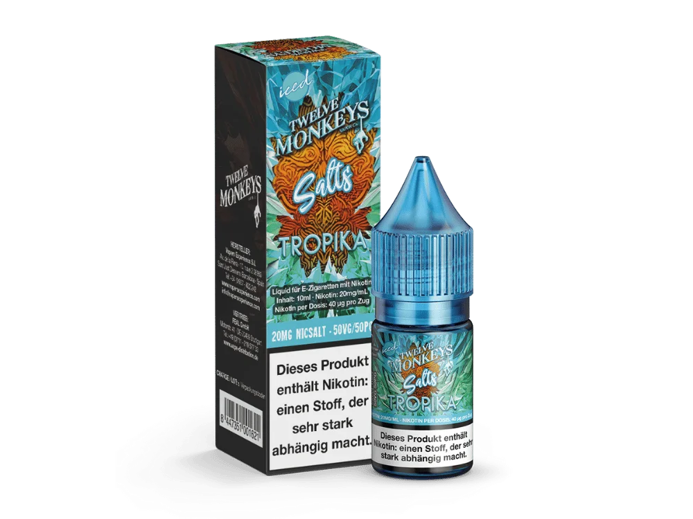 Twelve-Monkeys-NicSalt-20mg-Tropika_V2_1000x750.png Twelve Monkeys Iced Tropika 10ml Nikotinsalz-Liquid – blaue Flasche mit oranger Verpackung