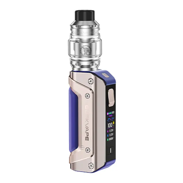 GeekVape Aegis Solo 3 Kit 18650 in Gold-Blau mit silbernem Tankverdampfer, Frontansicht