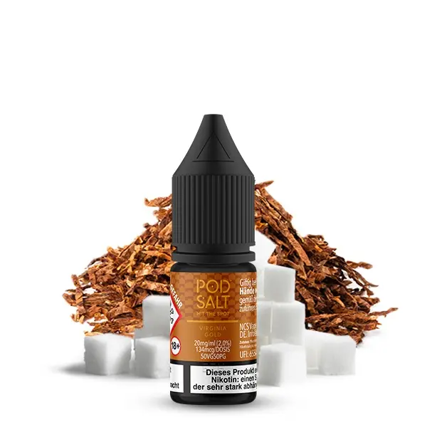 PodSalt Origin Virginia Gold 10ml Nikotinsalz-Liquid – braune Flasche vor Tabakblättern und Zuckerwürfeln