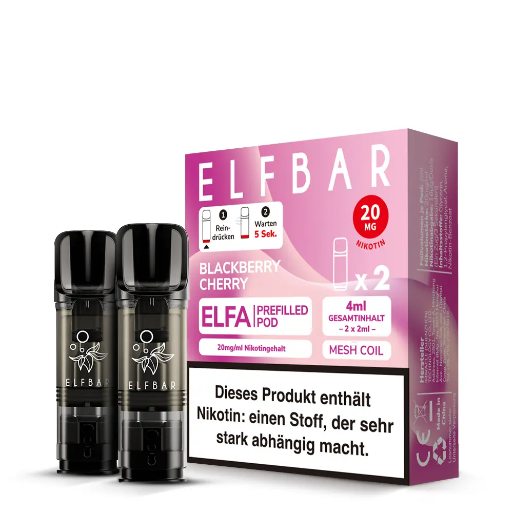 Elfbar Elfa Prefilled Pod Blackberry Cherry – rosa Verpackungskarton mit 2 Pods, Schachtelansicht
