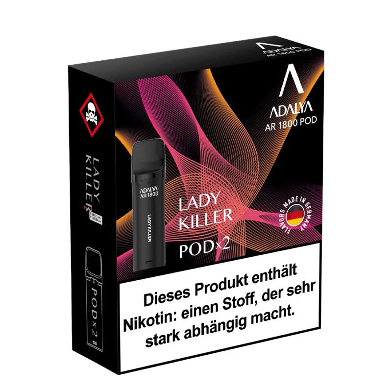 Adalya AR1800 Prefilled Pod Lady Killer 2er-Pack, dunkle Verpackungsbox mit Pod-Abbildung