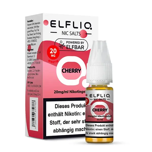 Elfliq Cherry Nikotinsalz-Liquid 20mg von Elfbar – Flasche und Verpackungsschachtel mit rotem Kirsch-Design
