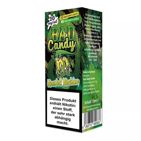 Bad Candy Monstar Machine 10ml Nikotinsalz-Liquid in grün-schwarzer Flasche mit Monster-Motiv