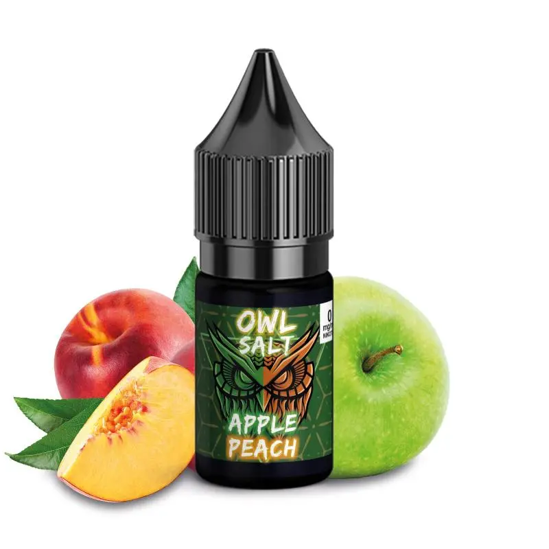 OWL Salt Apple Peach 10ml Nikotinsalz-Liquid – kleine Flasche mit grünem Apfel und Pfirsich-Motiv
