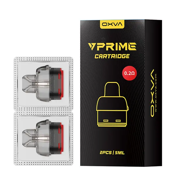 oxva-vprime-pod-tank-1.jpg Oxva VPrime Ersatz-Pod 2er-Pack, 4ml, 0,3 Ohm – zwei Pods mit rotem Metallring in Verpackung