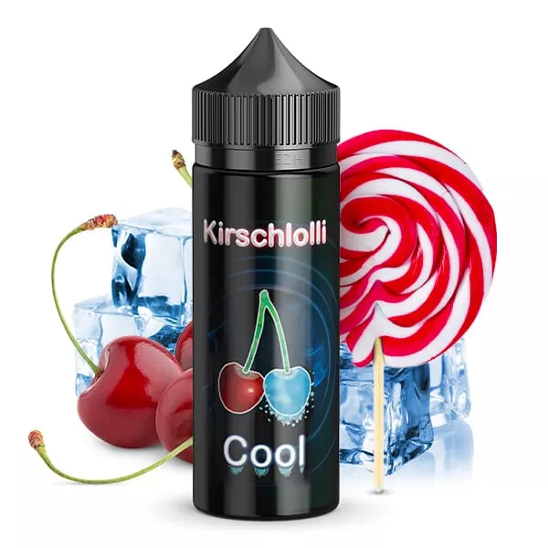 Kirschlolli Cool Longfill – schwarze 120ml-Flasche mit Kirschen, Lolli und Eiswürfeln als Freisteller